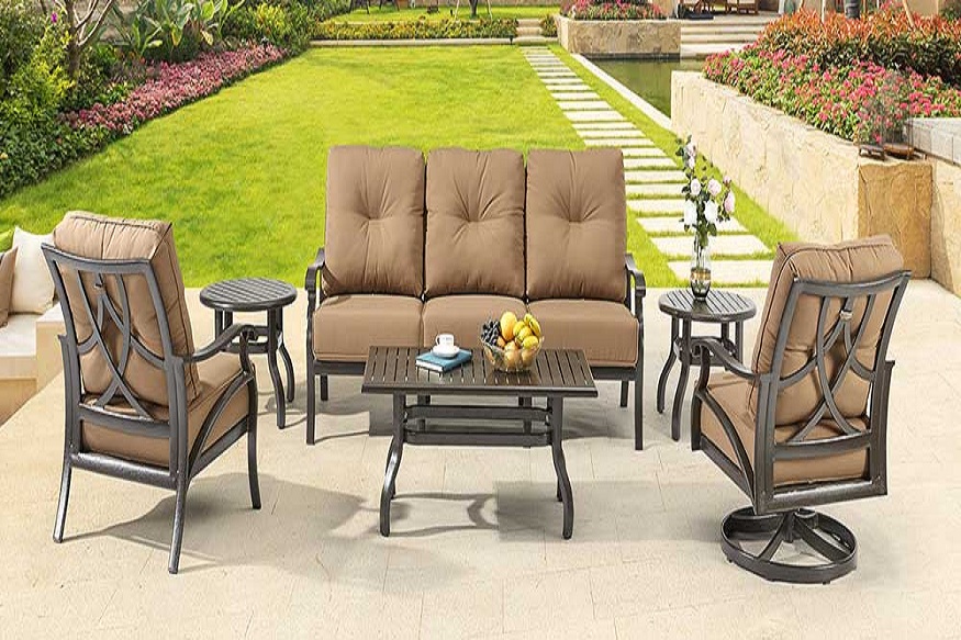 Outdoor patio furniture faces a t